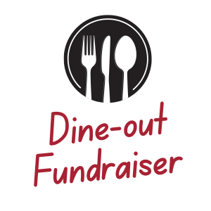 A logo featuring a black circle with white utensils and the red text 'Dine-out Fundraiser'.